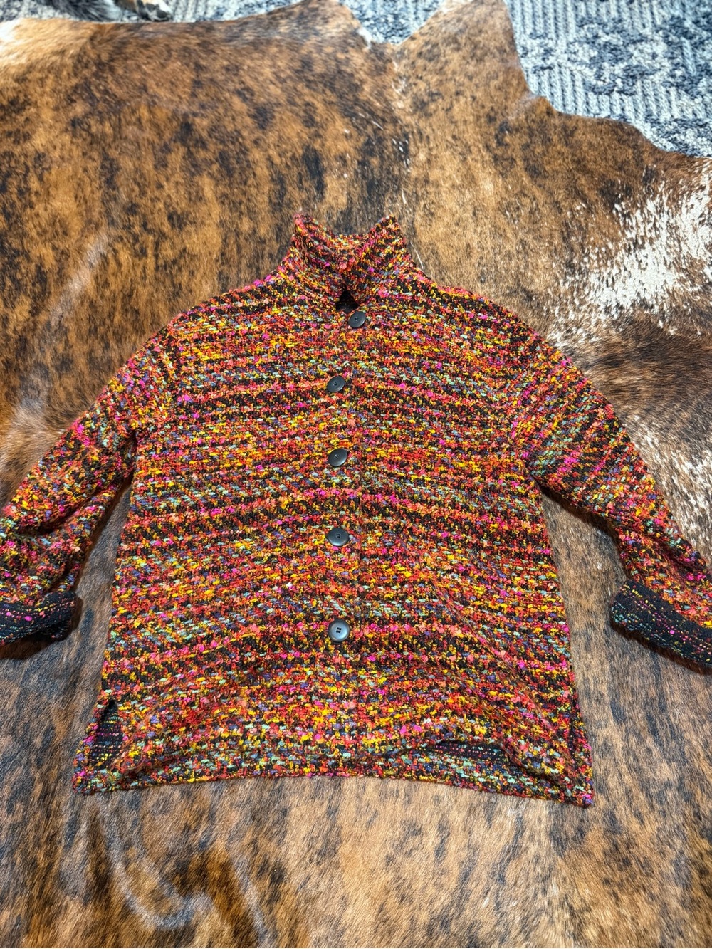 Chicos Design Sz 1 Jacket Multi-Color Coat Knit Tweed Button Up geometric